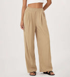 Wide Leg Crinkle Comfy High Waist Lounge Pants with Pockets Khaki - ododos