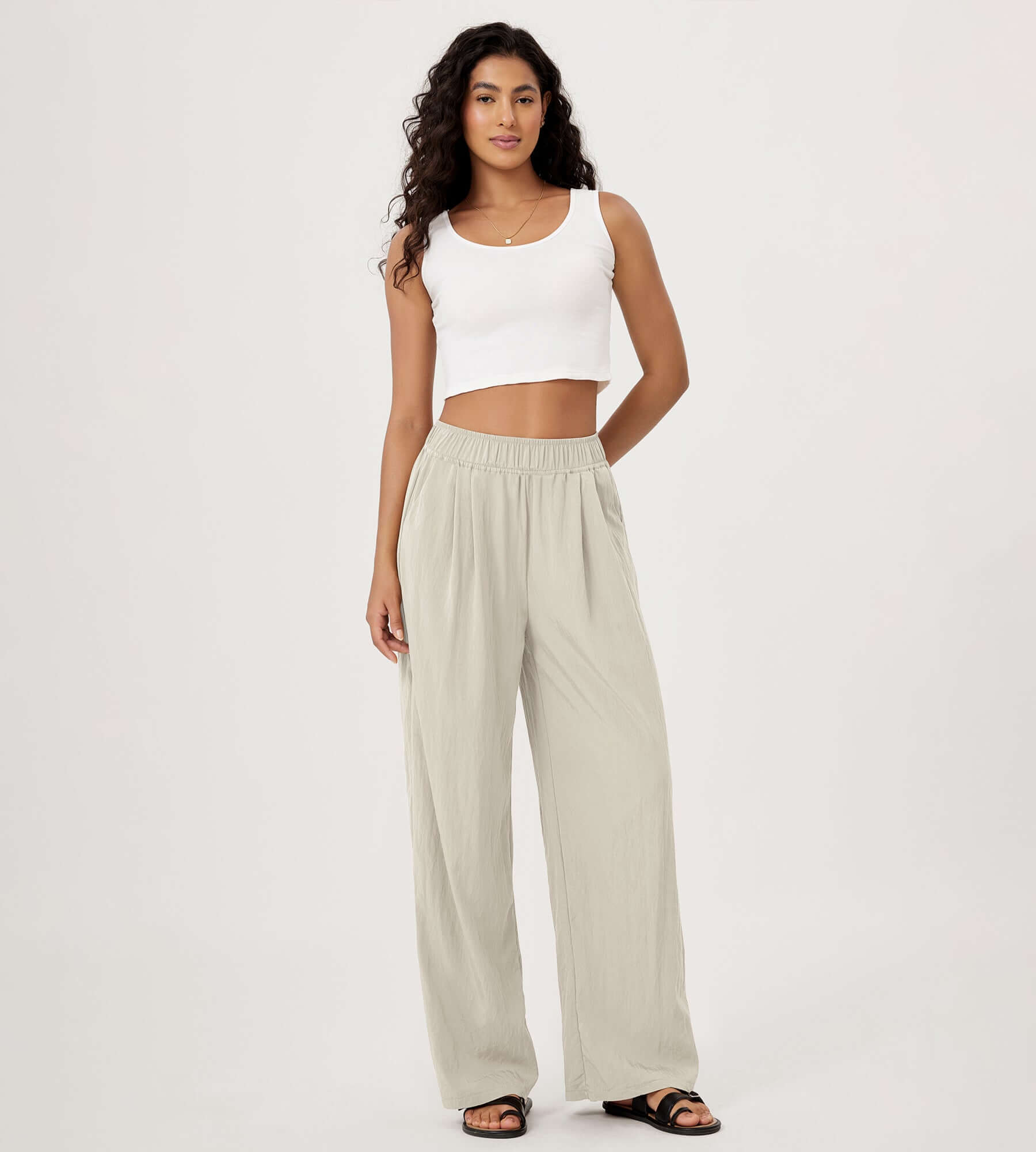 Wide Leg Crinkle Comfy High Waist Lounge Pants with Pockets - ododos