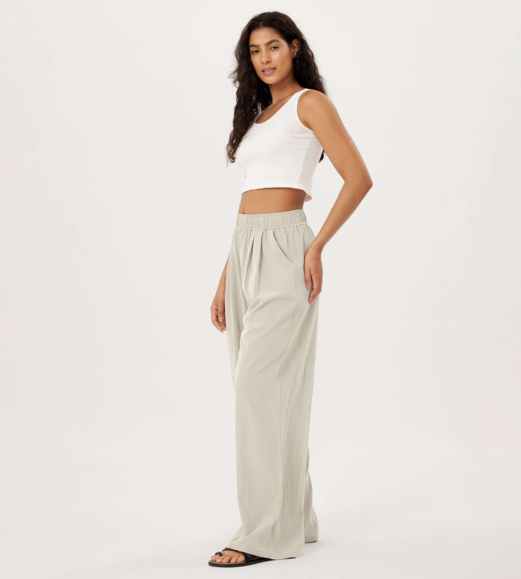 Wide Leg Crinkle Comfy High Waist Lounge Pants with Pockets - ododos