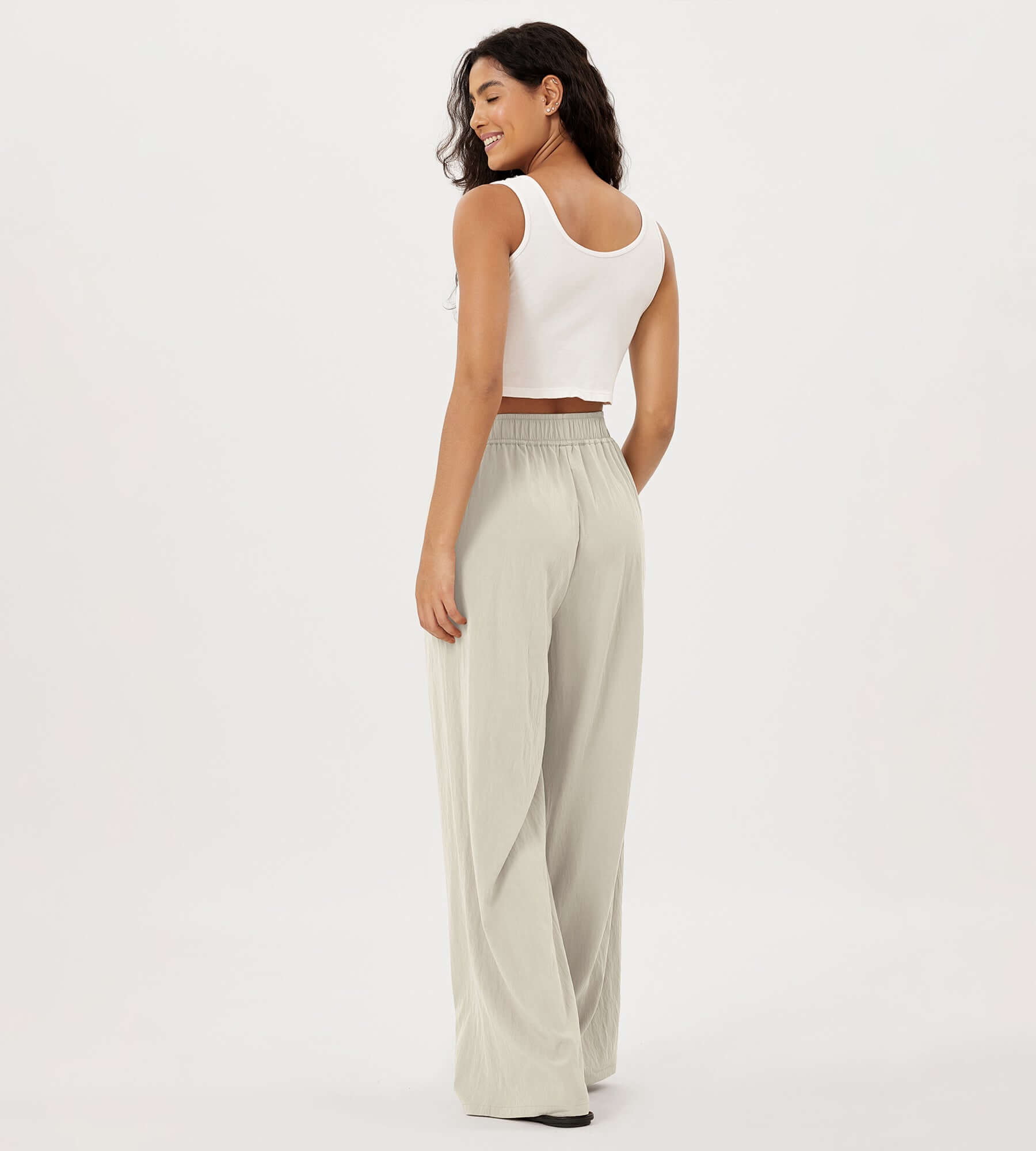 Wide Leg Crinkle Comfy High Waist Lounge Pants with Pockets - ododos