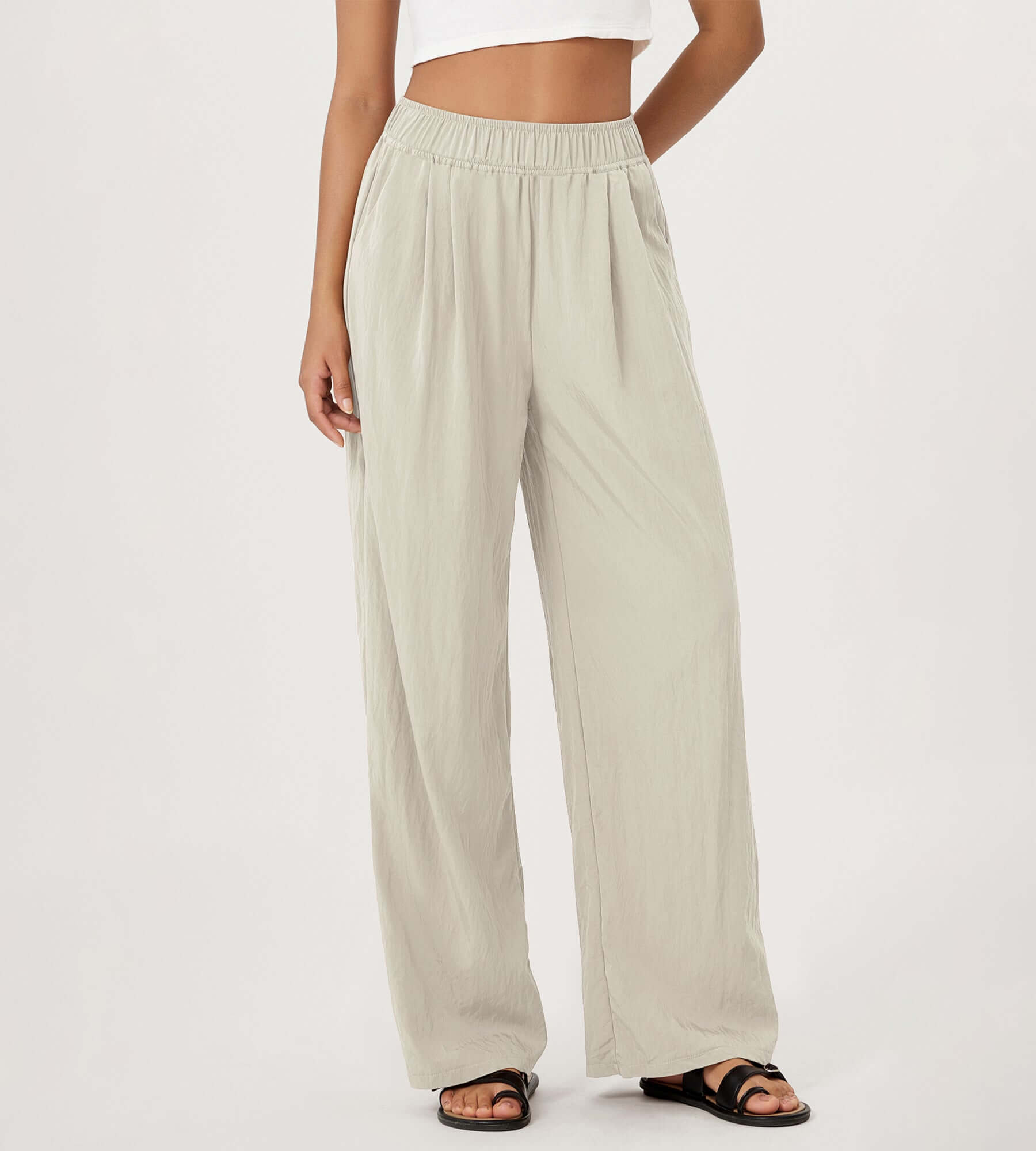 Wide Leg Crinkle Comfy High Waist Lounge Pants with Pockets Vaporous Gray - ododos