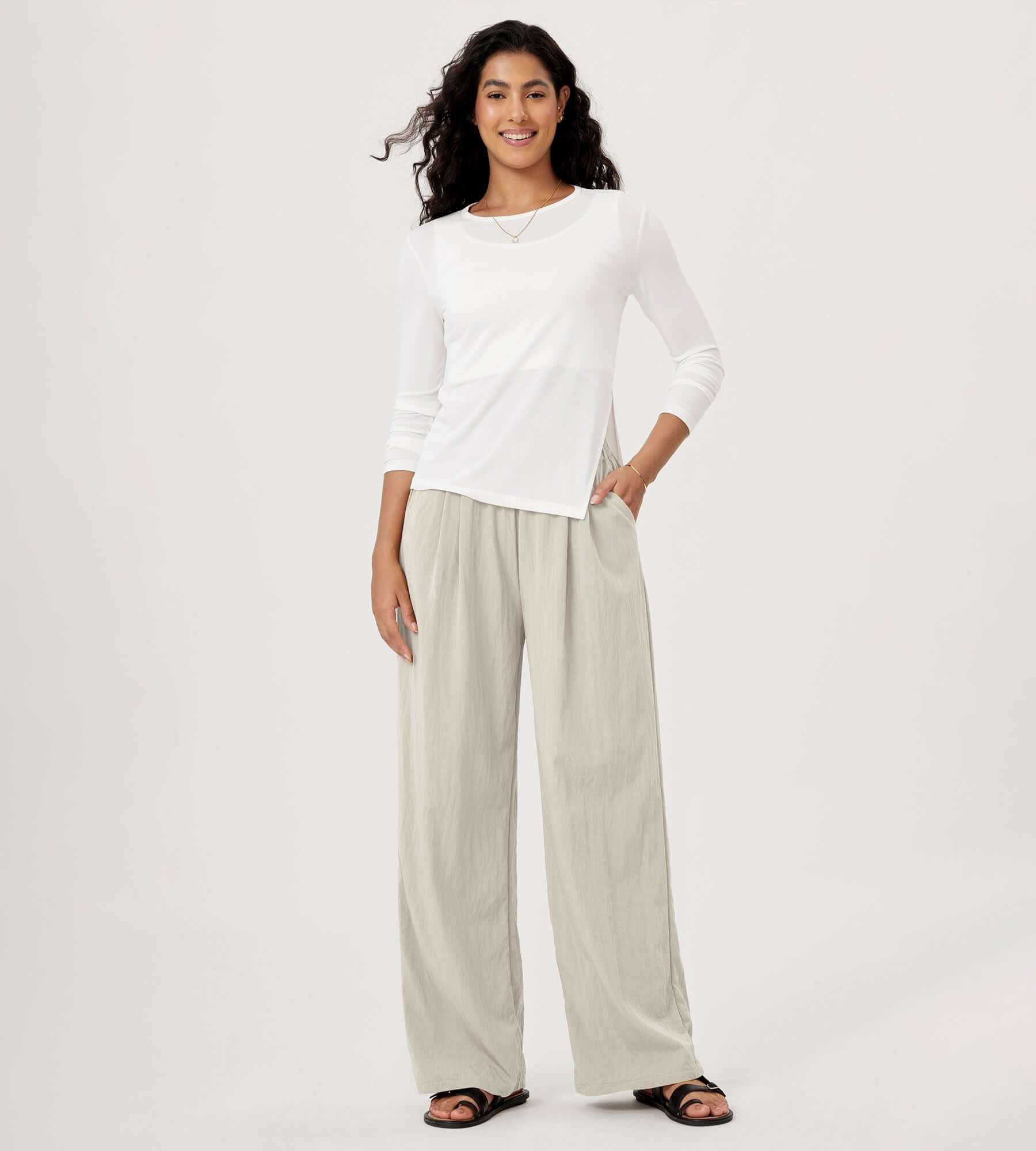 Wide Leg Crinkle Comfy High Waist Lounge Pants with Pockets - ododos