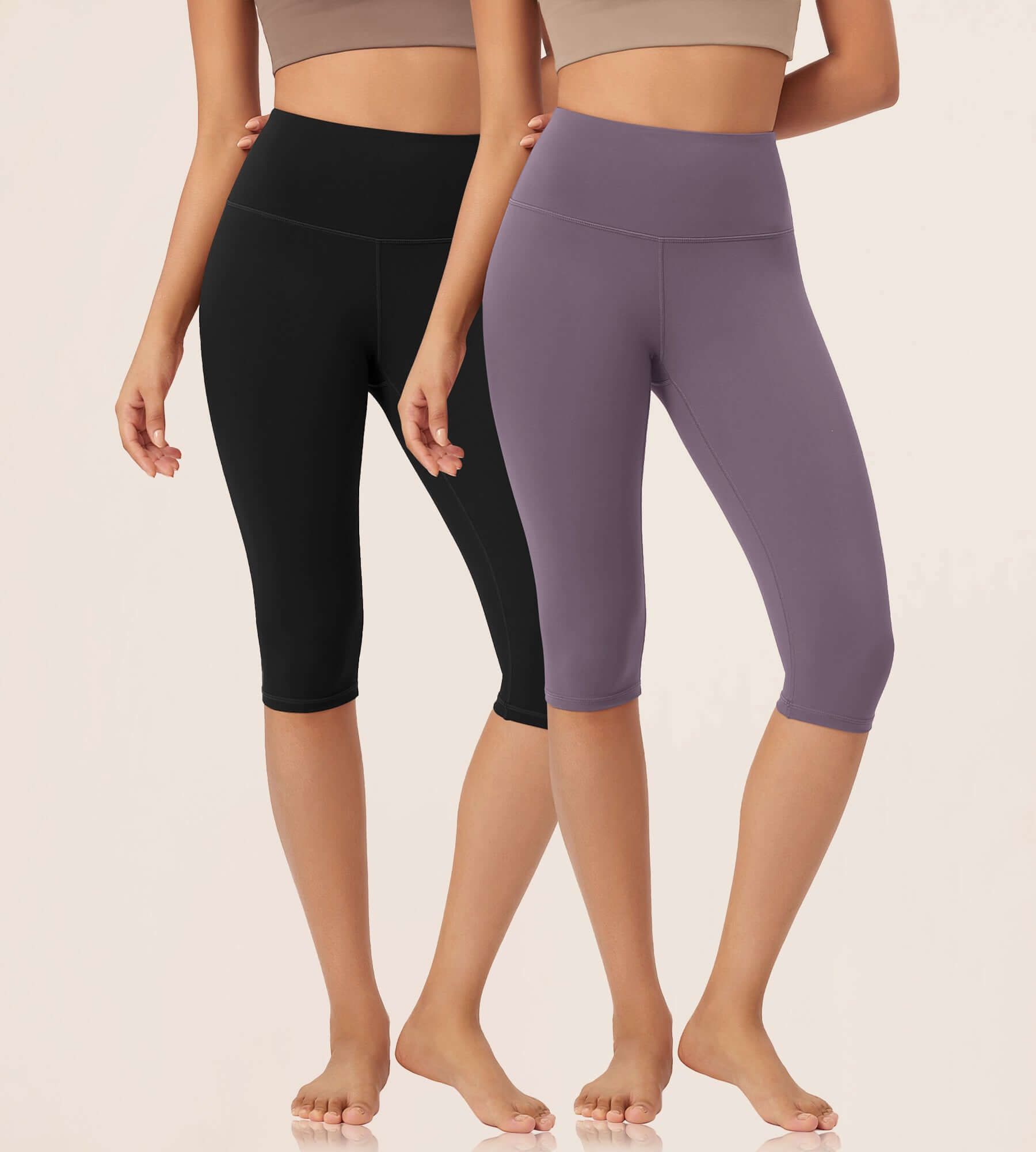 ODLEX 2-Pack 14 High Waist Knee Length Workout Athletic Running Capris Leggings Black+ash Violet - ododos