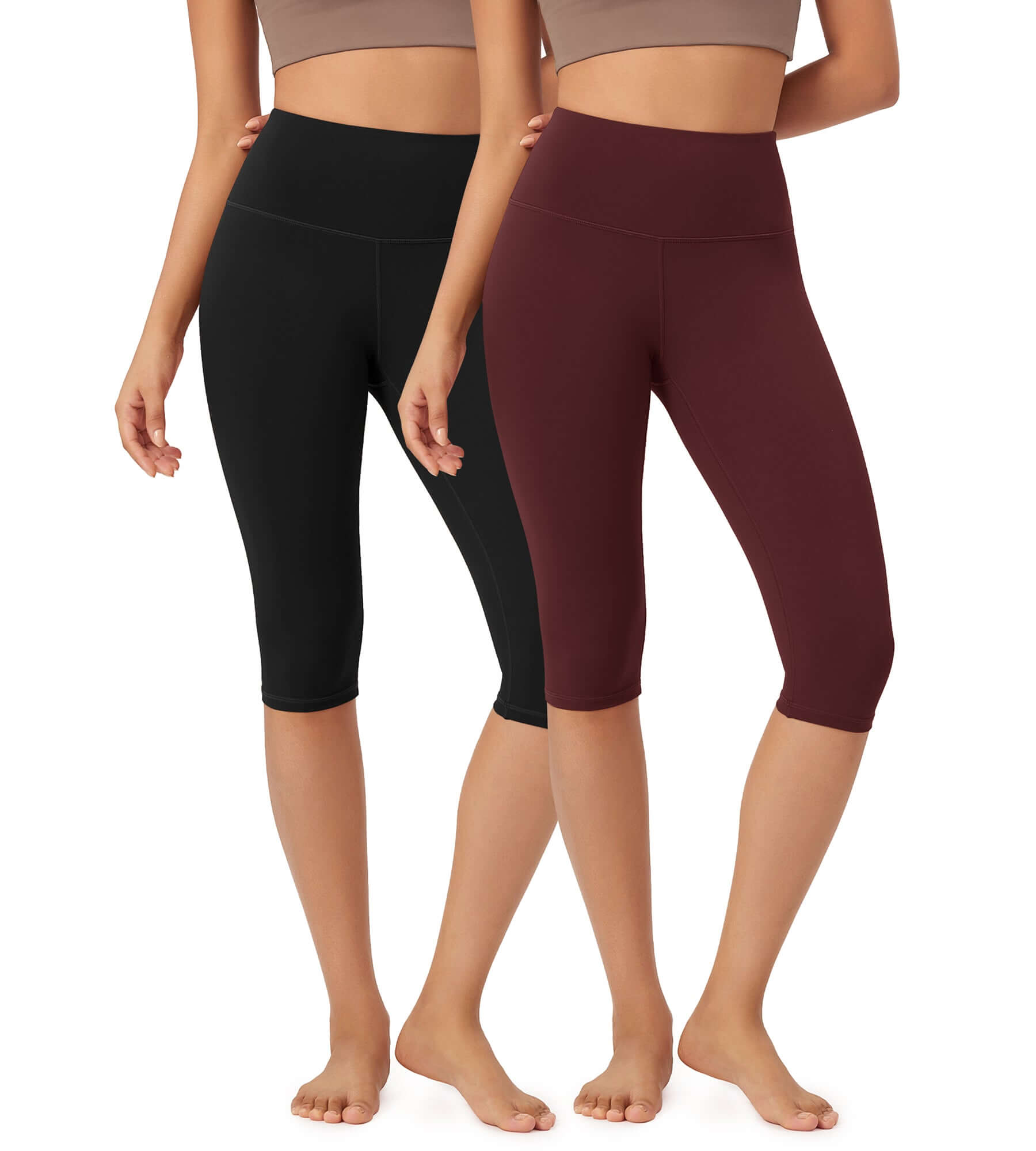 ODLEX 2-Pack 14 High Waist Knee Length Workout Athletic Running Capris Leggings Black+Burgundy - ododos