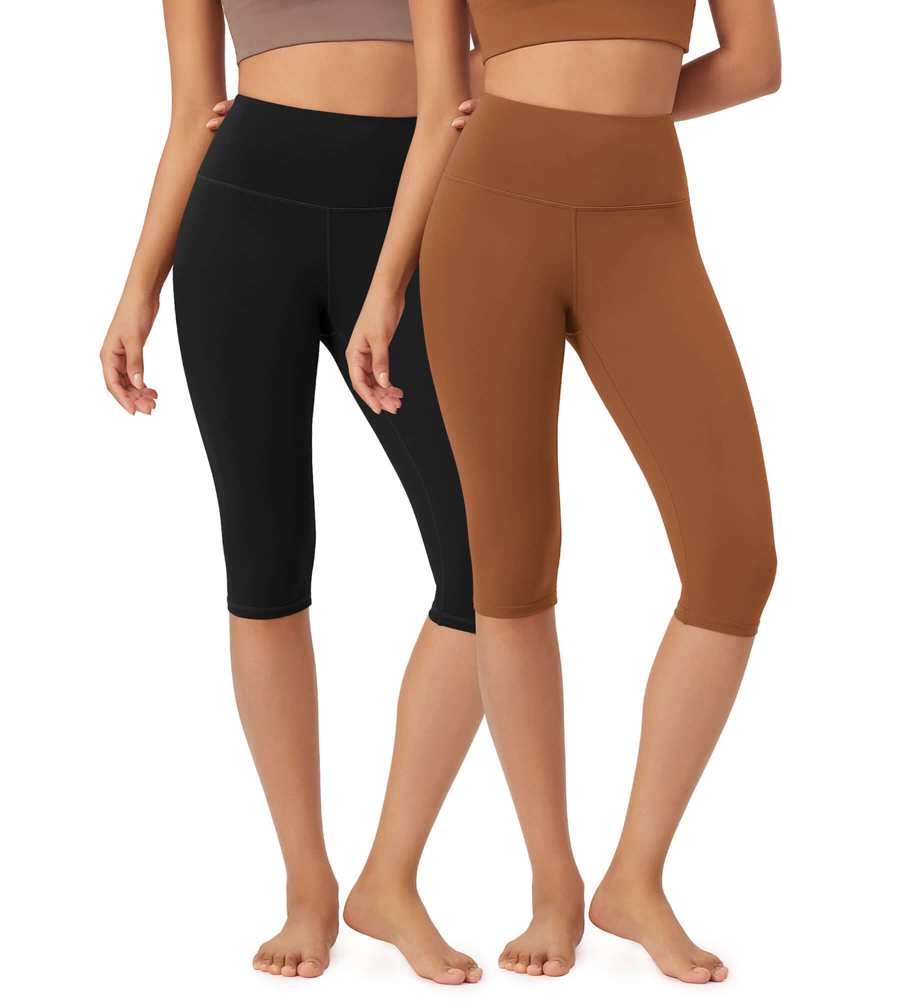 ODLEX 2-Pack 14 High Waist Knee Length Workout Athletic Running Capris Leggings Black+Caramel - ododos