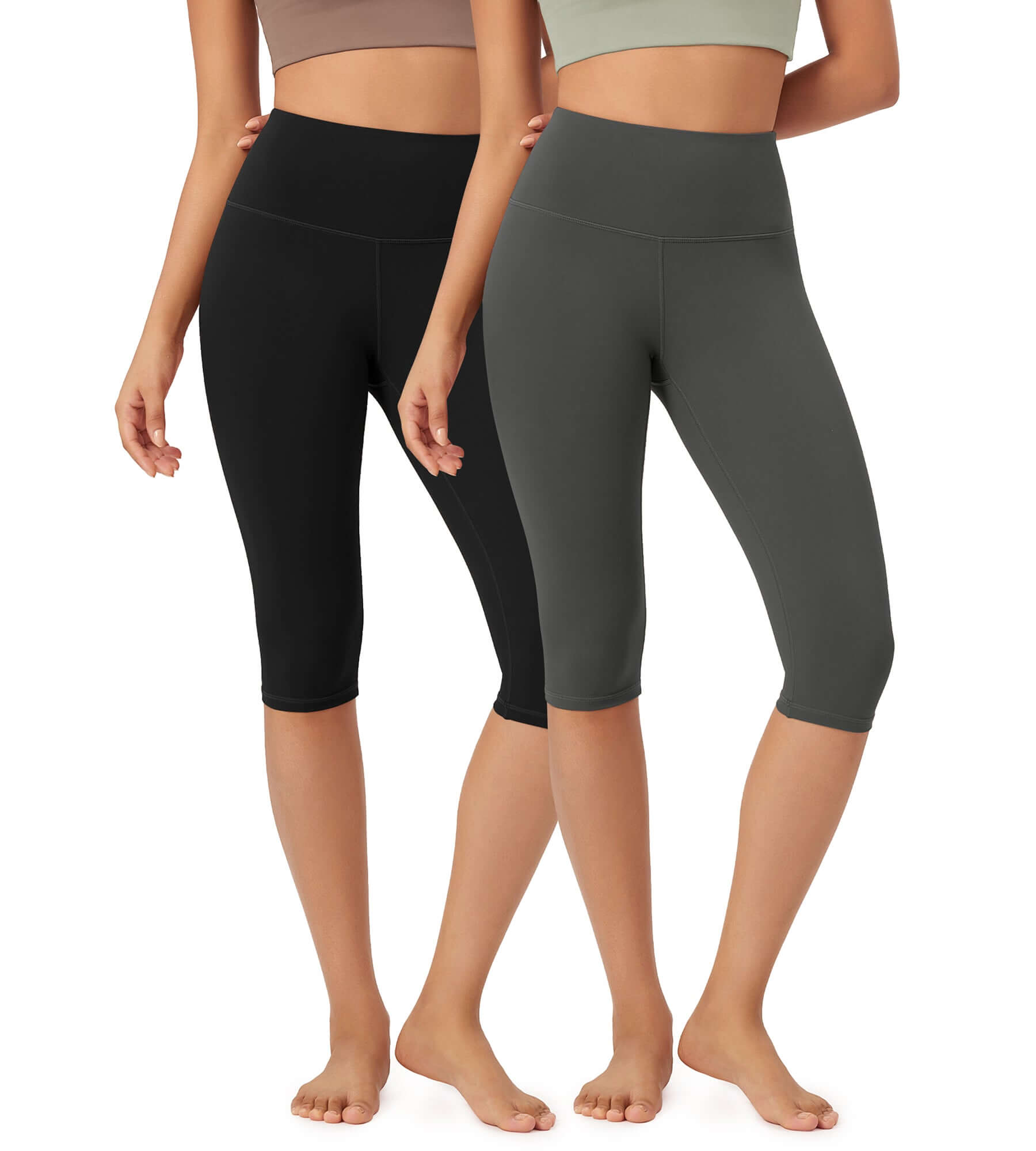 ODLEX 2-Pack 14 High Waist Knee Length Workout Athletic Running Capris Leggings Black+Charcoal - ododos