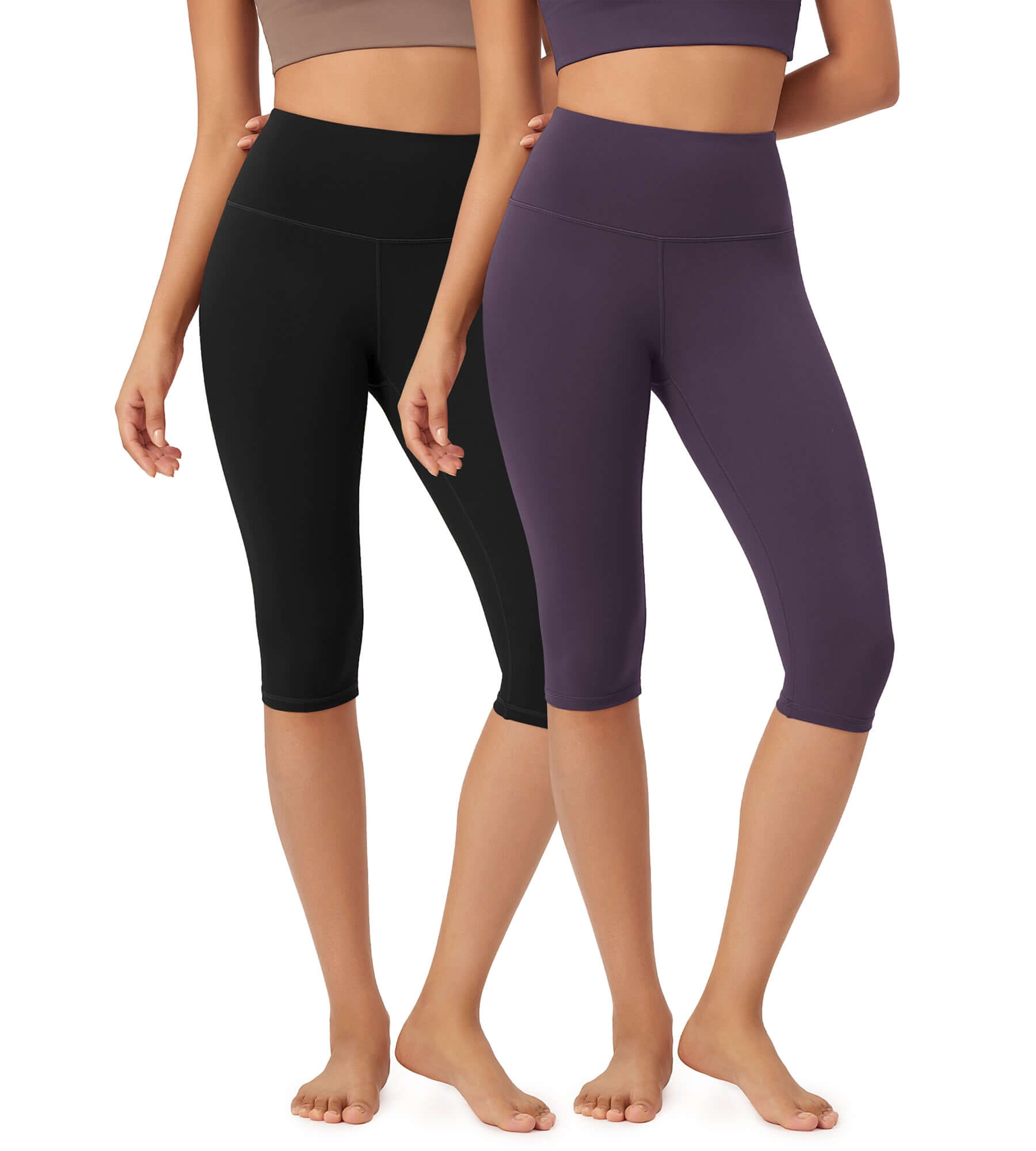 ODLEX 2-Pack 14 High Waist Knee Length Workout Athletic Running Capris Leggings Black+Purple Taupe - ododos
