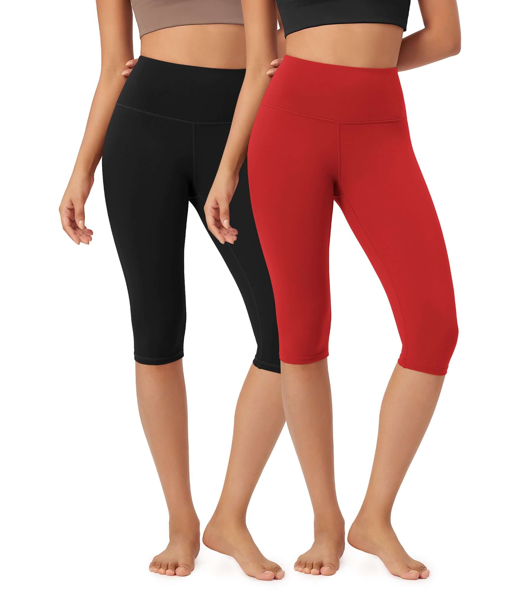 ODLEX 2-Pack 14 High Waist Knee Length Workout Athletic Running Capris Leggings Black+Red - ododos