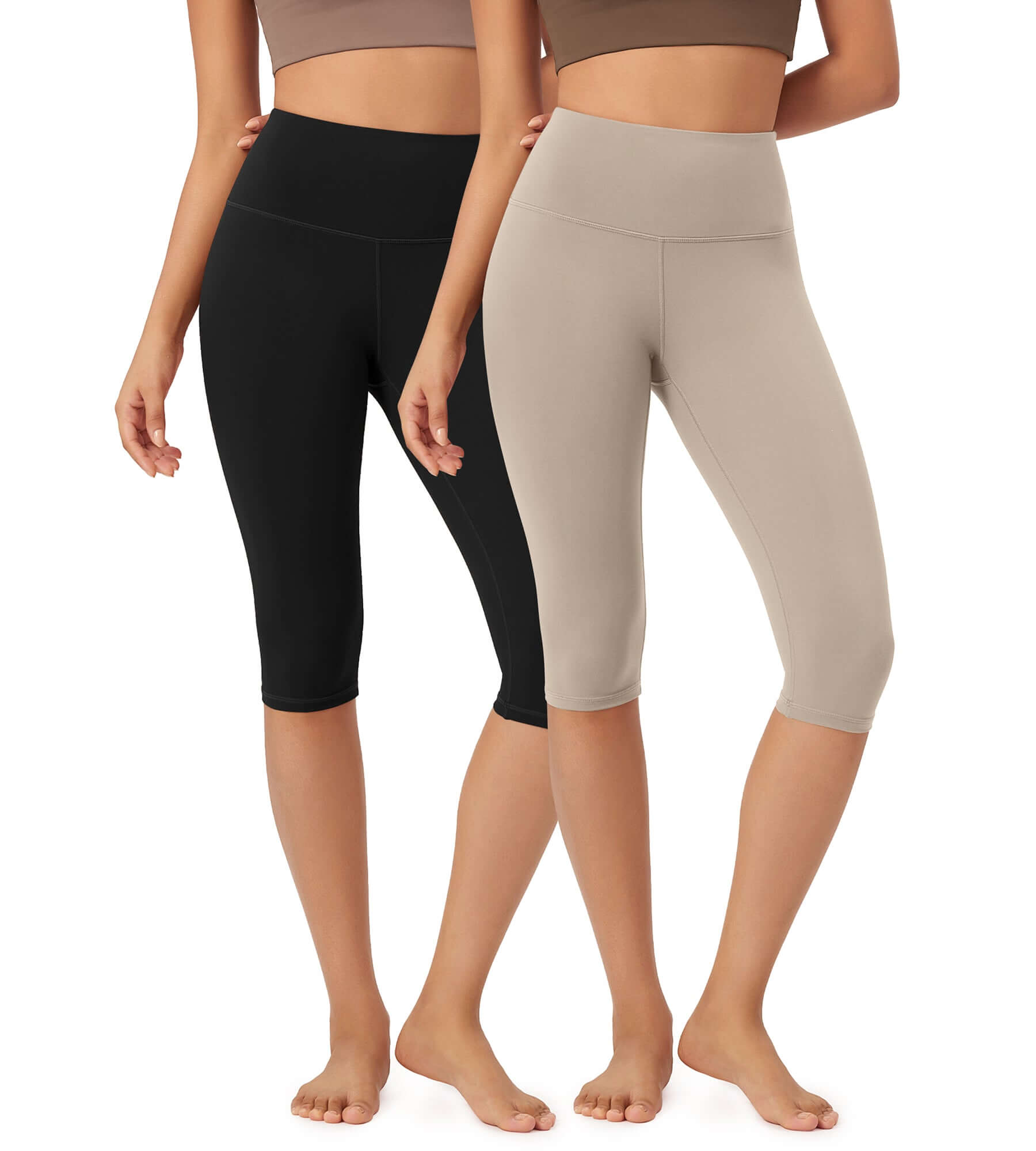 ODLEX 2-Pack 14 High Waist Knee Length Workout Athletic Running Capris Leggings Black+Taupe - ododos
