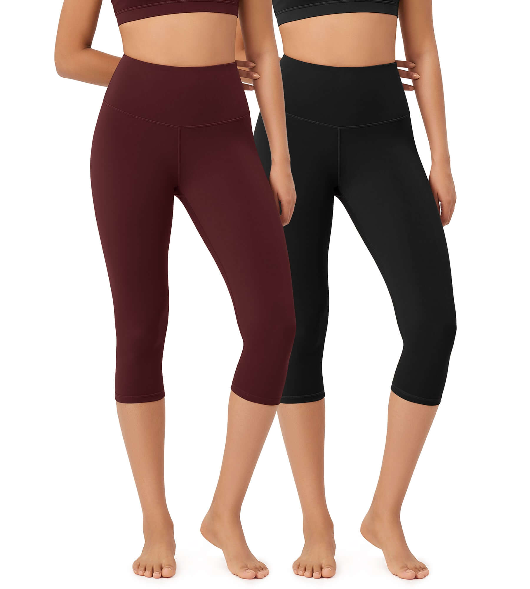 ODLEX 2-Pack 19" High Waist Knee Length Workout Athletic Running Capris Leggings Black+Burgundy - ododos