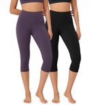 ODLEX 2-Pack 19" High Waist Knee Length Workout Athletic Running Capris Leggings Black+Dark Purple - ododos