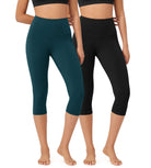 ODLEX 2-Pack 19" High Waist Knee Length Workout Athletic Running Capris Leggings Black+Forest Teal - ododos