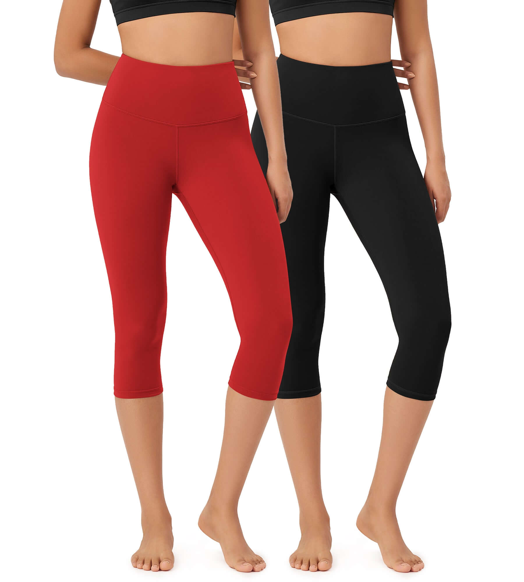 ODLEX 2-Pack 19 High Waist Knee Length Workout Athletic Running Capris Leggings Black+Red - ododos