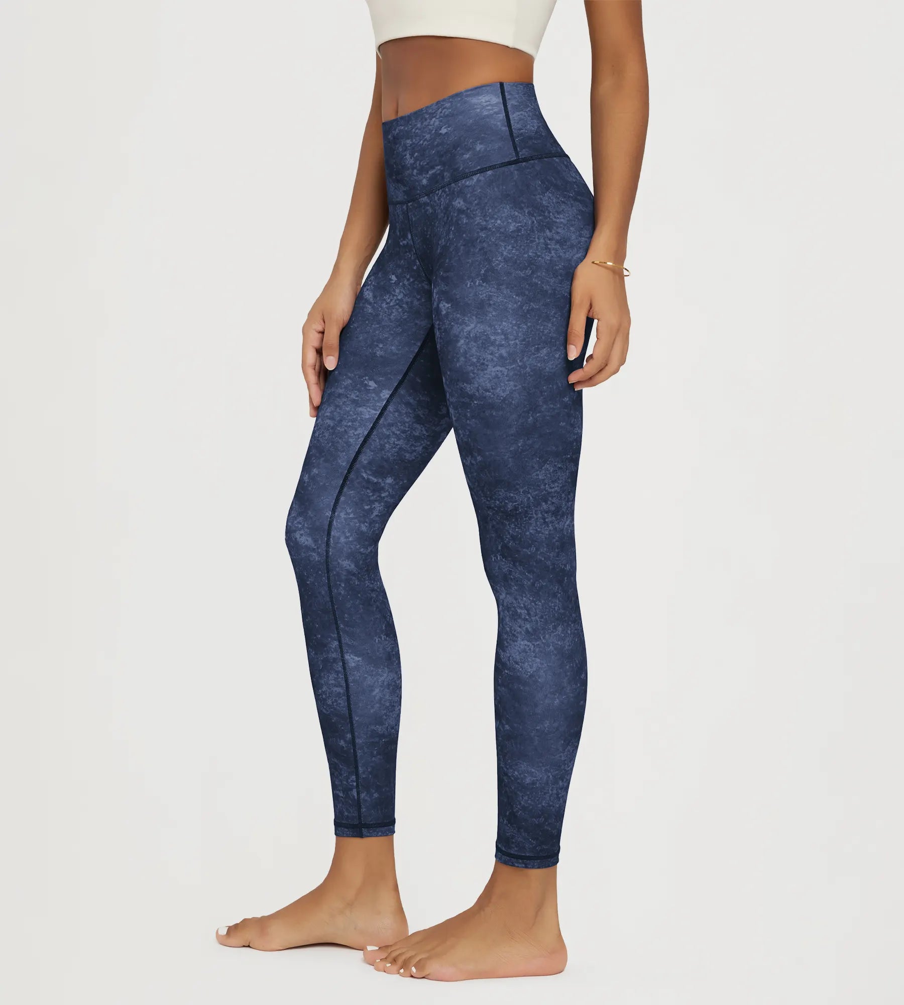 25" Buttery Soft Lounge Patterned Leggings Workout, navy blue, side view showing sleek 4-way stretch fabric and high waist fit
