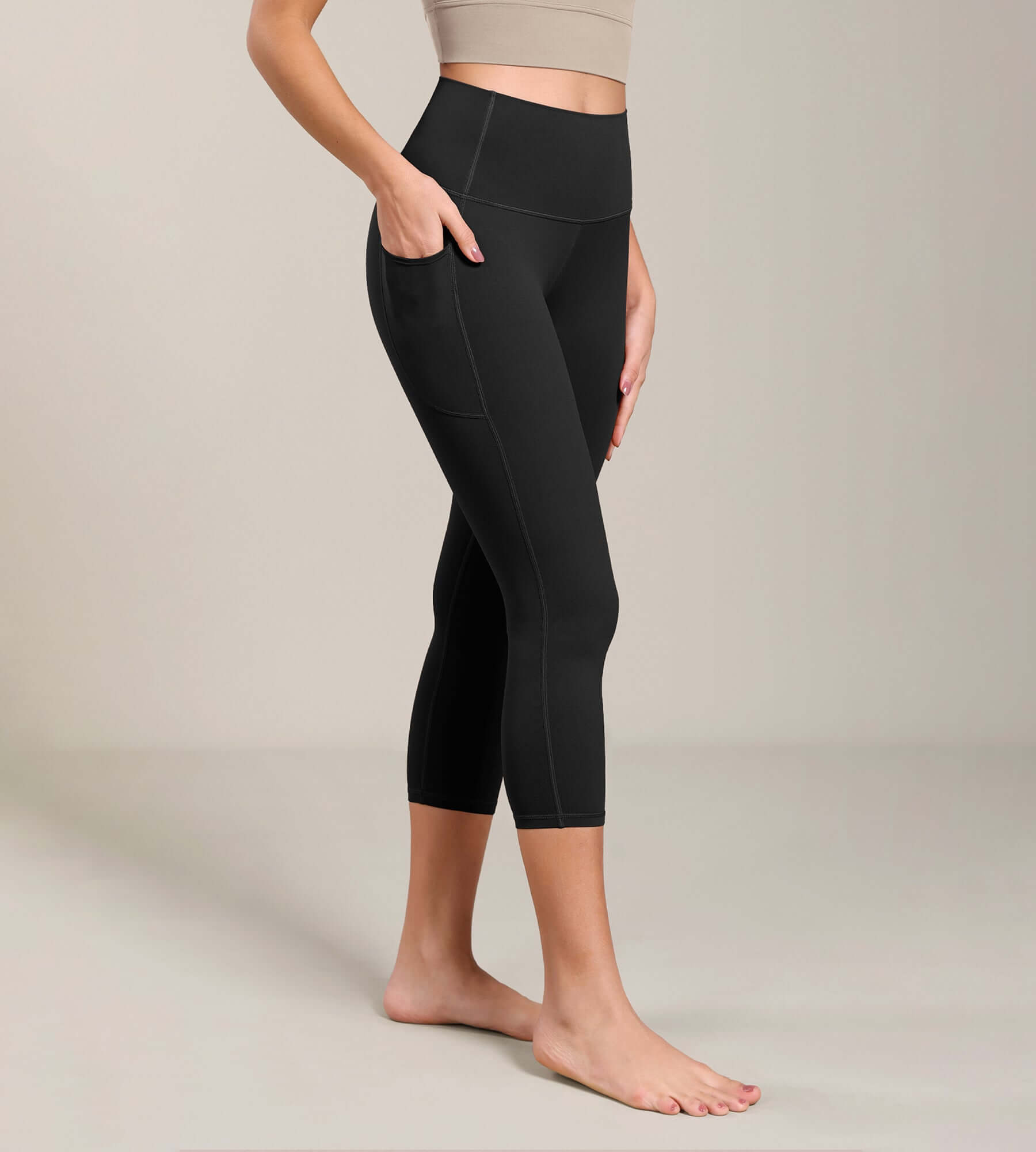 Odcloud Lounge Yoga 21" High Waist Capri Leggings with Pockets Black - ododos