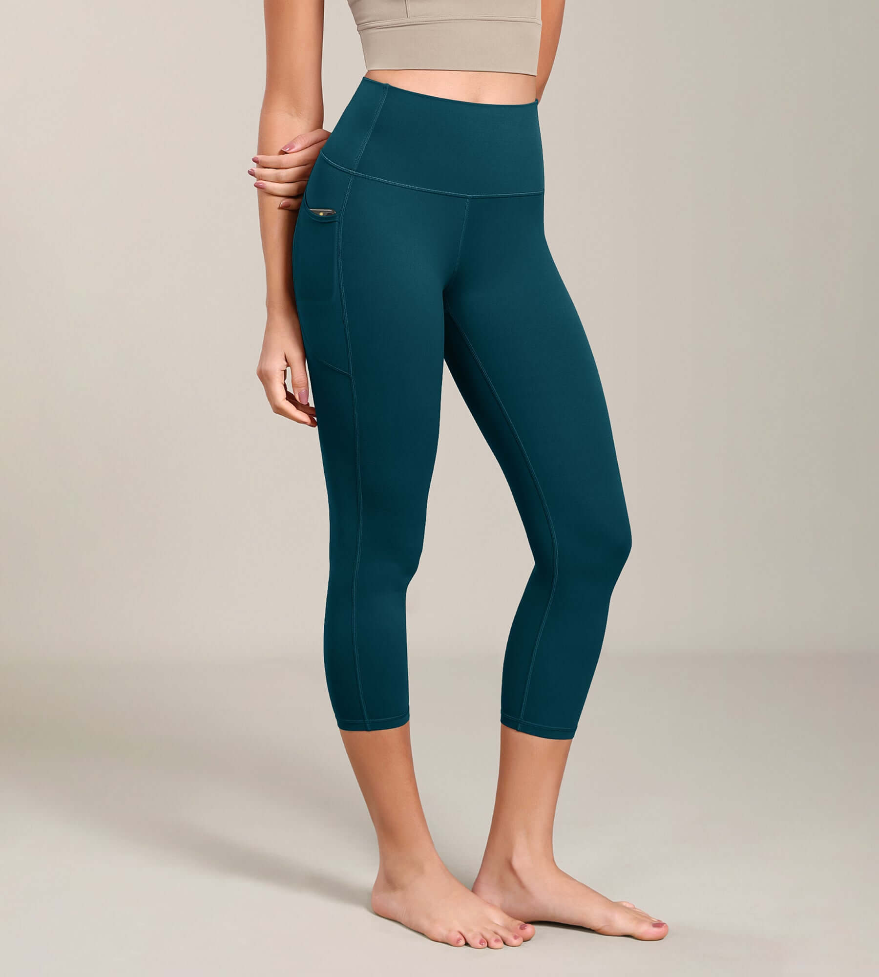 Odcloud Lounge Yoga 21 High Waist Capris Leggings with Pockets Forest Teal - ododos