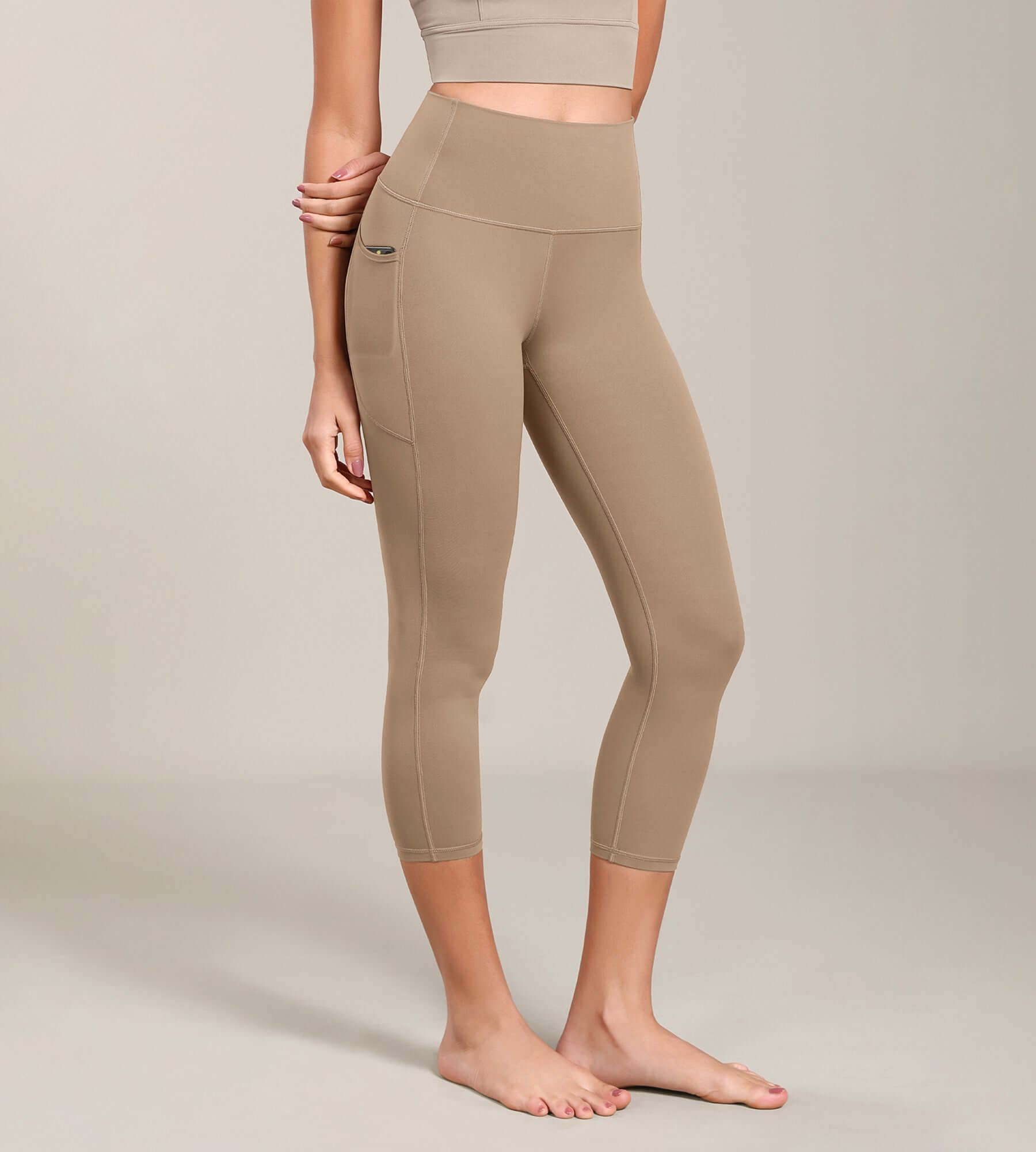 Odcloud Lounge Yoga 21 High Waist Capris Leggings with Pockets Light Brown - ododos
