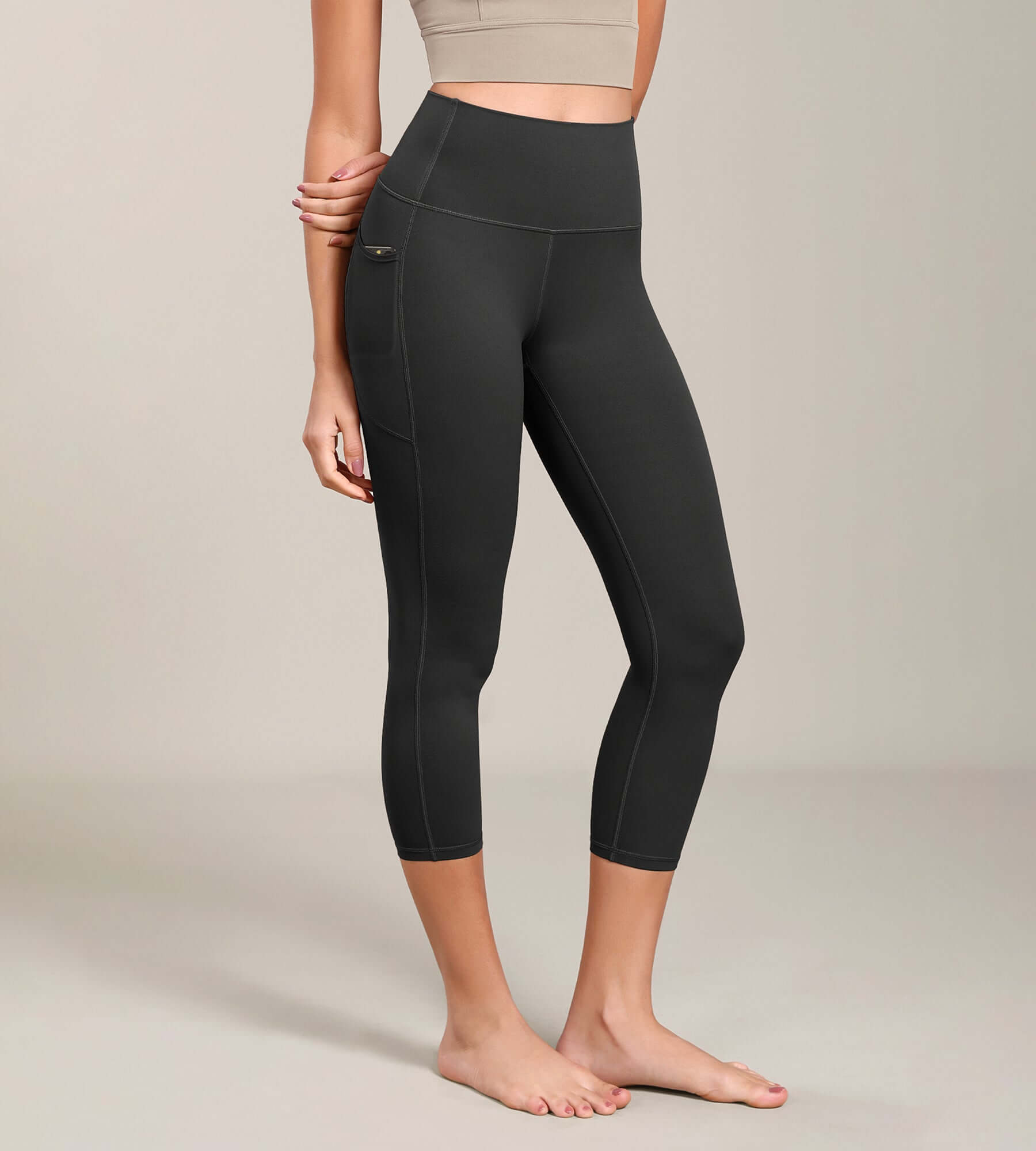 Odcloud Lounge Yoga 21 High Waist Capris Leggings with Pockets Onyx Black Grey - ododos