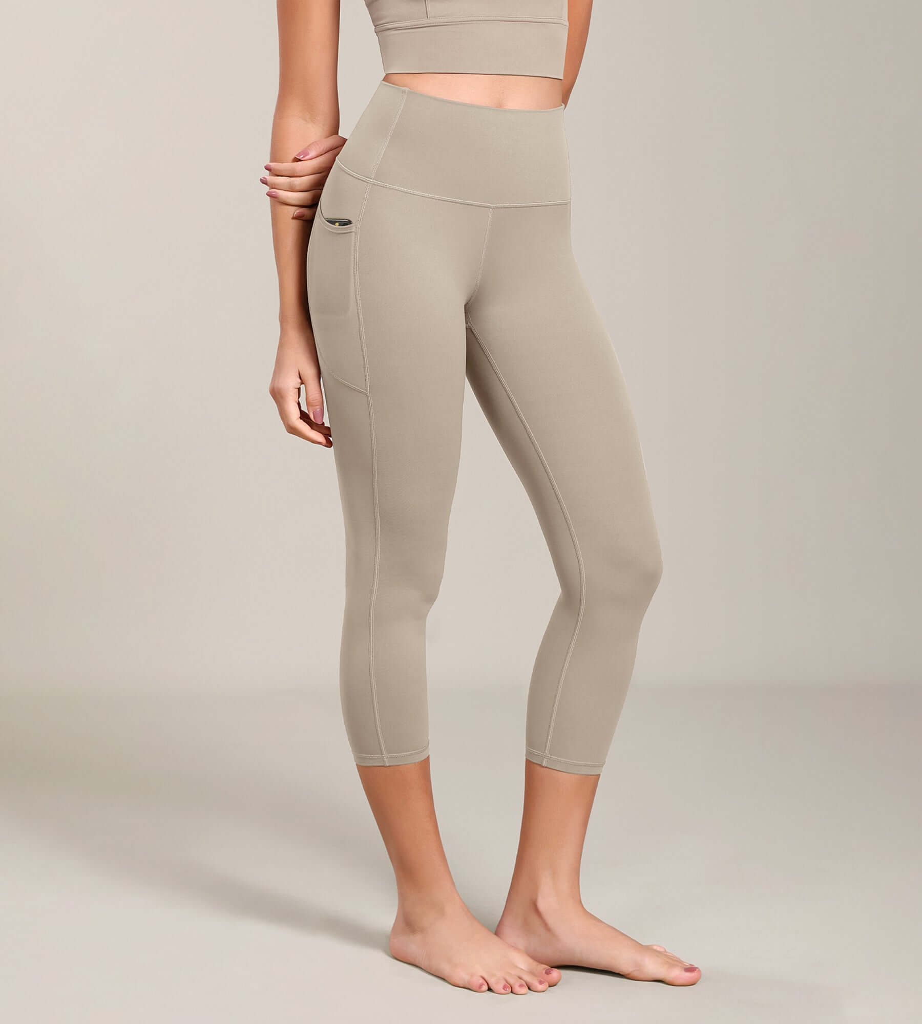 Odcloud Lounge Yoga 21 High Waist Capris Leggings with Pockets Shaker Beige - ododos