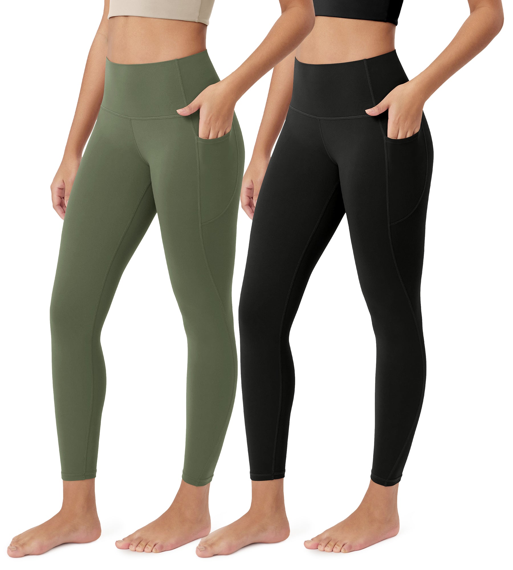 ODCLOUD 2-Pack 25” Buttery Soft Lounge Yoga Leggings with Pockets Black+Dark Olive - ododos