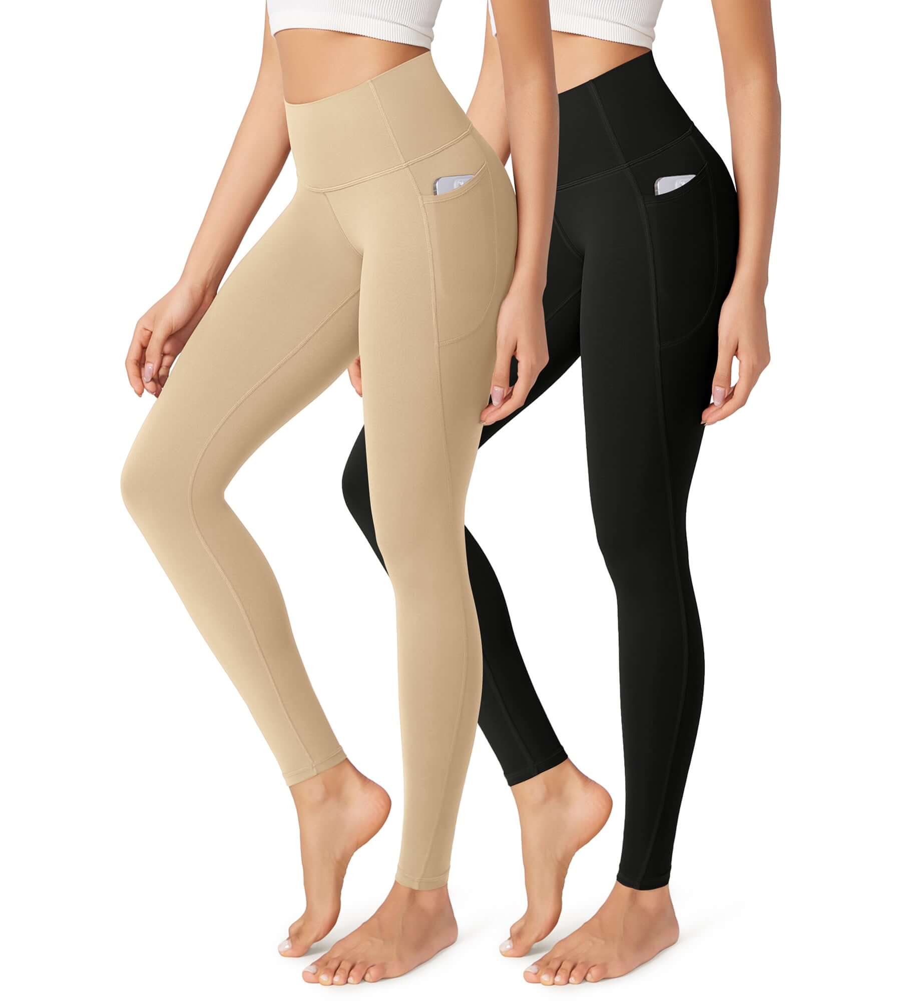 2-Pack 28" Buttery Soft Lounge Yoga Leggings with Pockets Black+Beige - ododos