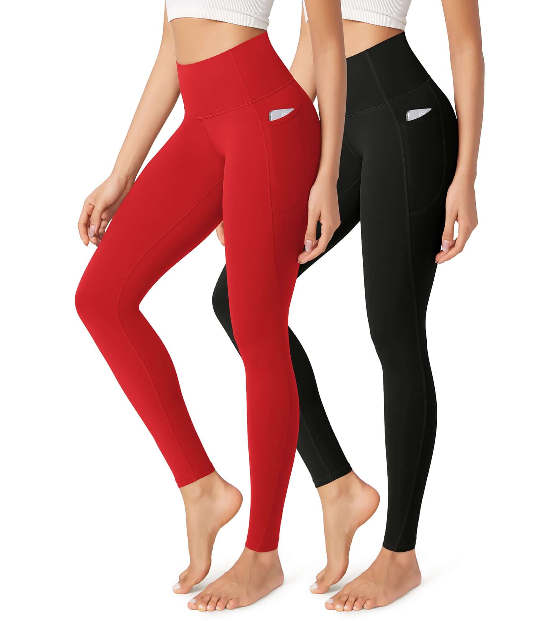 2-Pack 28" Buttery Soft Lounge Yoga Leggings with Pockets Black+Red - ododos