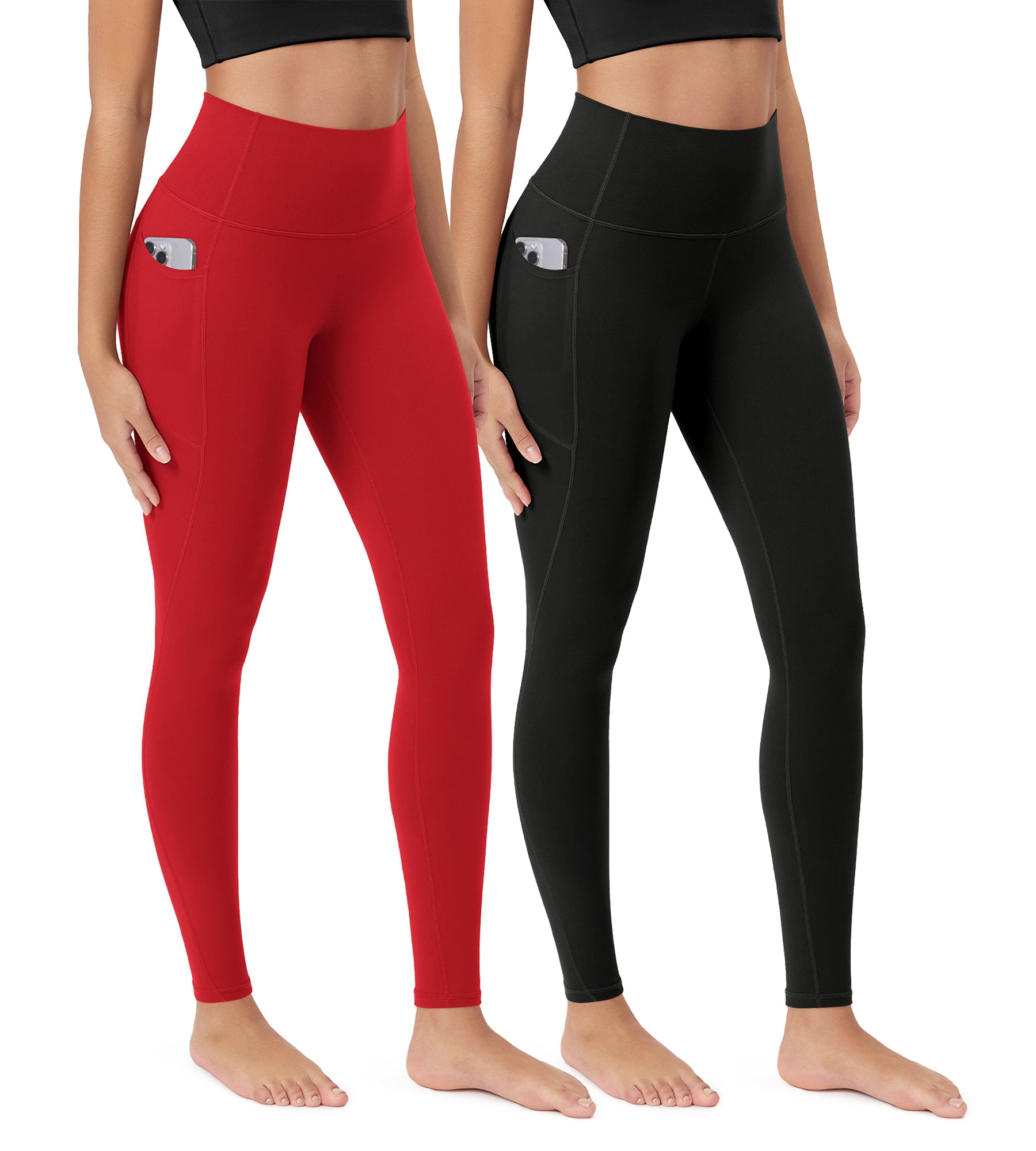 ODCLOUD 2-Pack 28” Buttery Soft Lounge Yoga Leggings with Pockets Black+Red - ododos