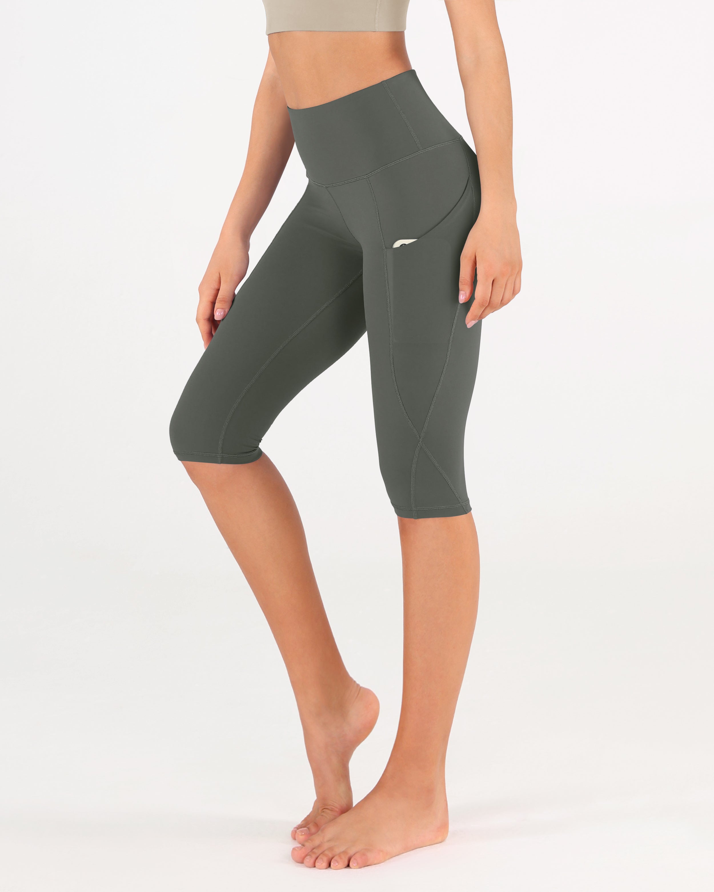 High Waist Knee Length Cropped Leggings Charcoal - ododos