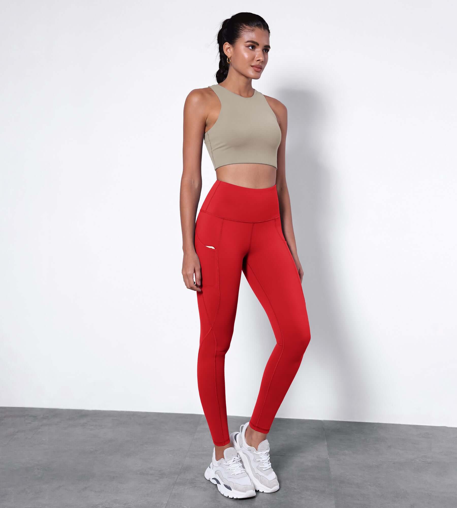 25” High Waisted Tummy Control Through Athletic Yoga Leggings with Pockets Red - ododos