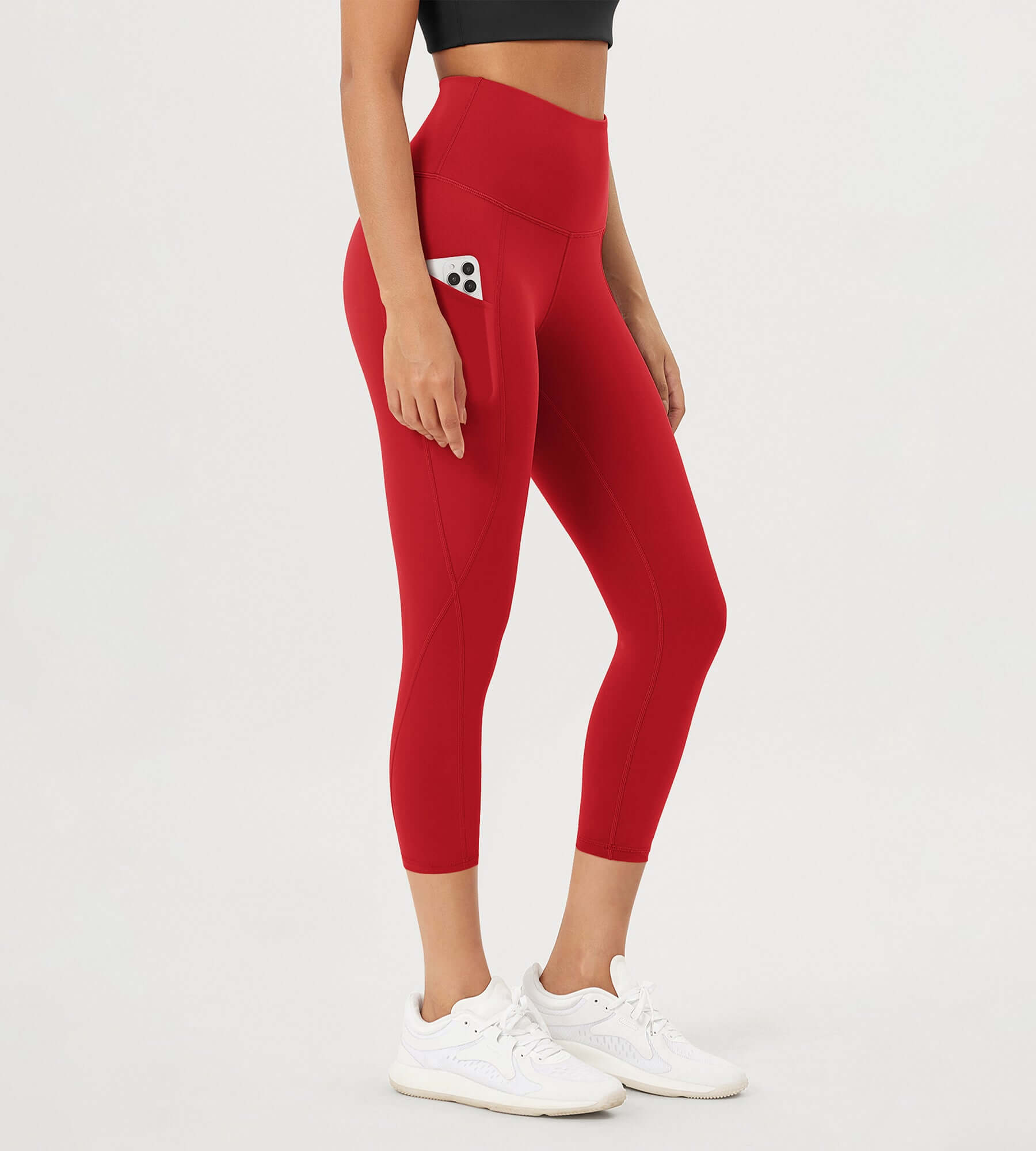 23â€?High Waisted Tummy Control Through Athletic Yoga Leggings with Pockets Red - ododos
