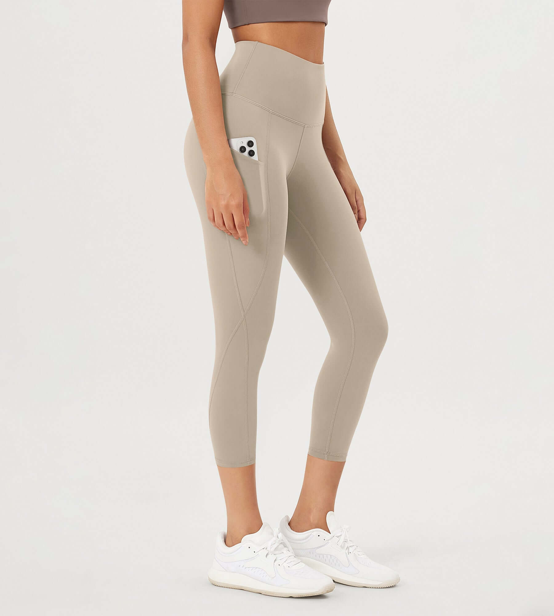 23â€?High Waisted Tummy Control Through Athletic Yoga Leggings with Pockets Taupe - ododos