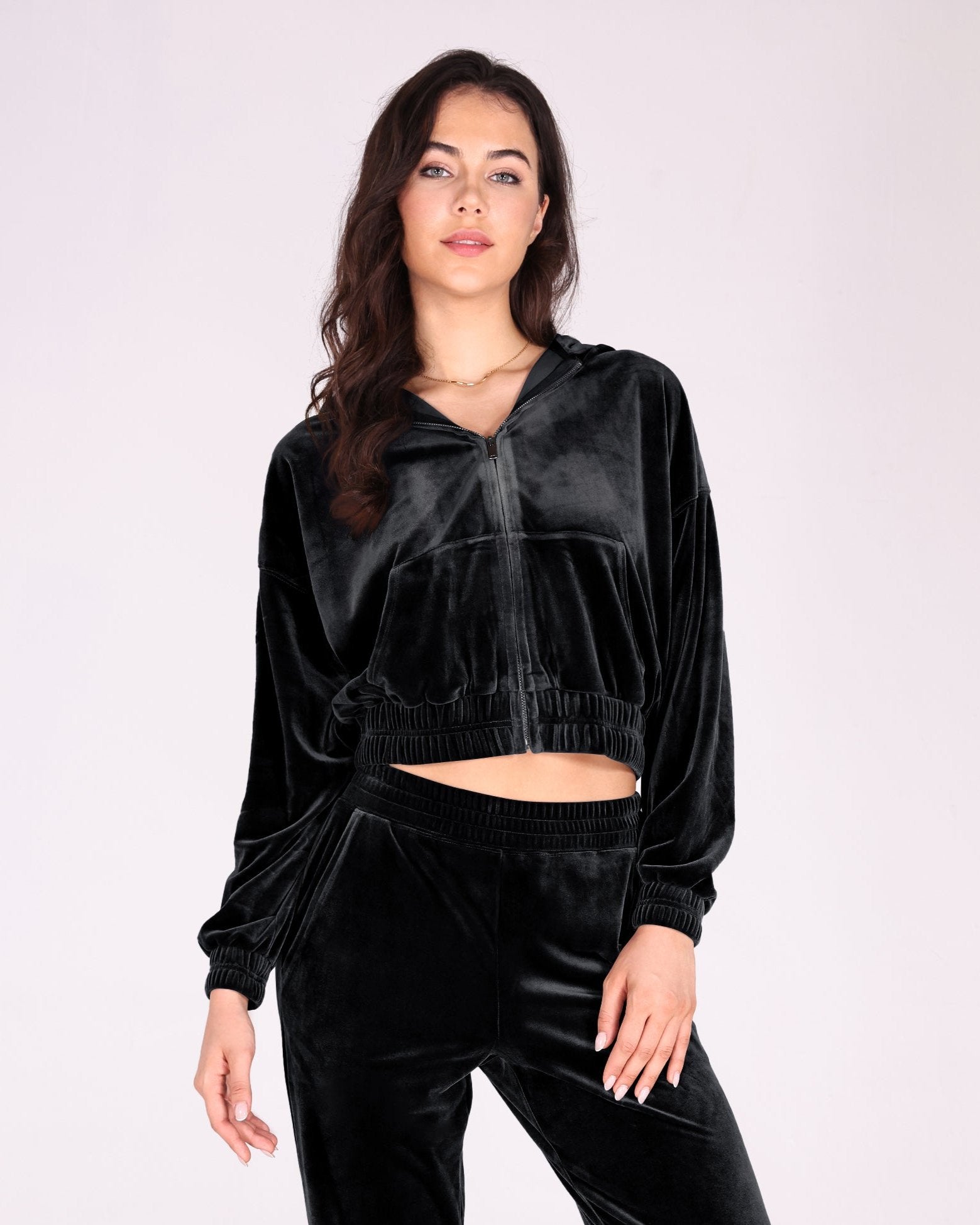 Velour Tracksuit 2 Piece Outfits Black - ododos